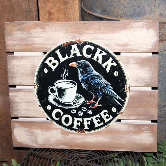 NEW Black Bird Raven Crow Black Coffee Rustic Farmhouse Kitchen Wall Decor Sign - Picture 2 of 4